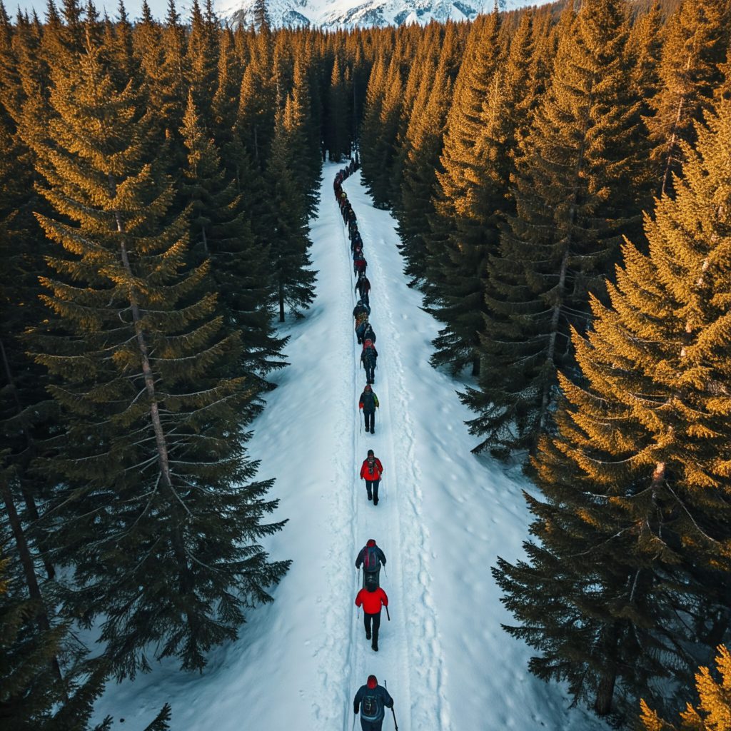 A group of hikers walking single file on a narrow, snow-covered trail through a winter forest, their breath visible in the cold air, a drone camera shot capturing the vastness of the snowy landscape.