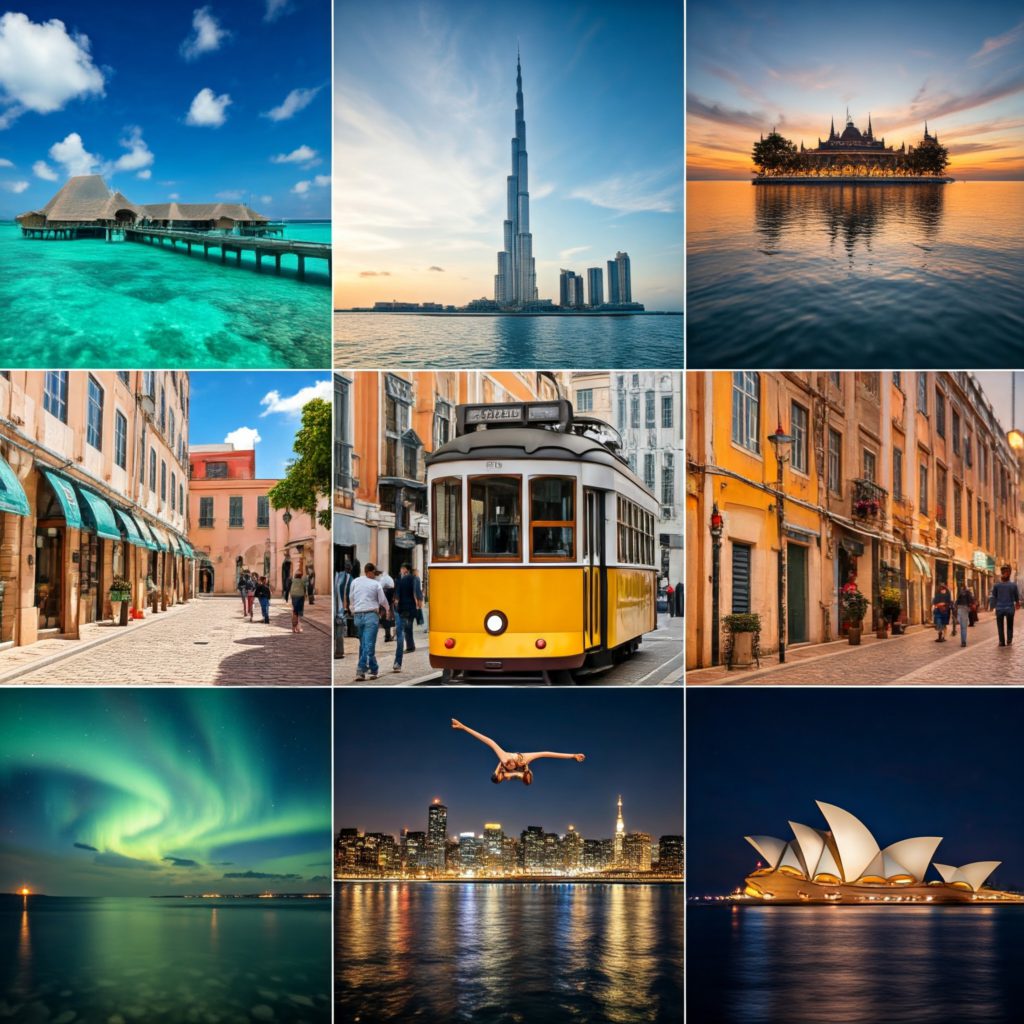 A vibrant travel collage showcasing ten popular winter vacation spots: the Maldives with overwater bungalows on a crystal-clear lagoon, Dubai with the Burj Khalifa, Chiang Mai with a traditional Thai temple, Marrakech with a vibrant souk, Lisbon with a yellow tram, Buenos Aires with tango dancers, Queenstown with bungy jumpers, Iceland with the Northern Lights, Kyoto with a traditional tea ceremony, and Sydney with the Sydney Opera House.