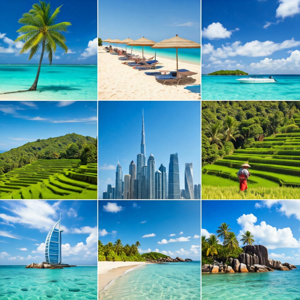 A vibrant travel collage showcasing seven sun-kissed paradise destinations: a tropical beach in the Maldives, a vibrant beach scene in the Caribbean, lush rice paddies in Bali, a bustling beach in Phuket, the modern skyline of Dubai, a secluded beach in the Seychelles, and a tropical beach in Mauritius.