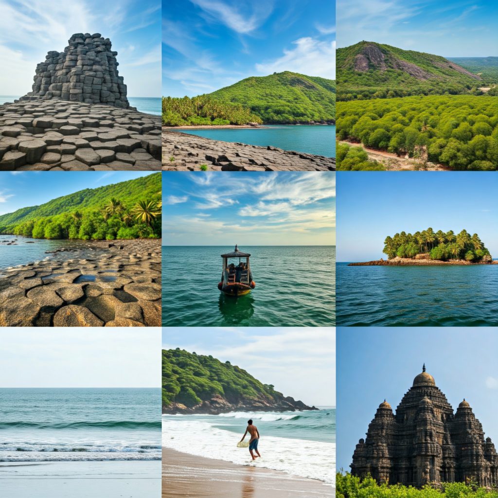 A vibrant travel collage showcases nine offbeat destinations in South India: St. Mary's Island with its unique hexagonal rock formations, Poondi with rolling hills and lush green valleys, Karkala with monolithic sculptures, Pichavaram with a boat ride through mangrove forests, Dhanushkodi with remnants of a town on the beach, Honnavra with a serene backwater, Kanadukathan with a Chettinad mansion, Mulki with a surfer riding a wave, and Narthamalai with ancient rock-cut temples.