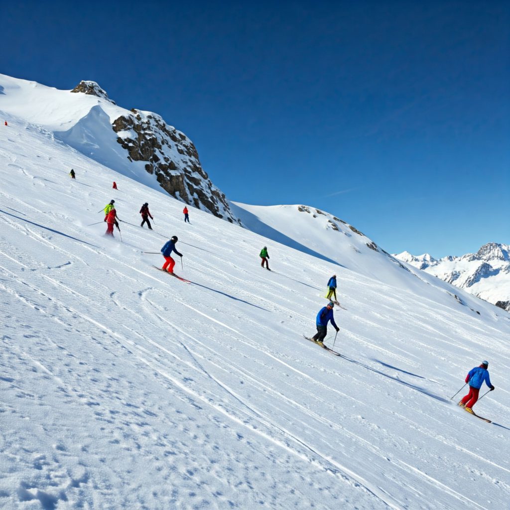 A group of skiers enjoying a sunny day on a snowy mountain slope.