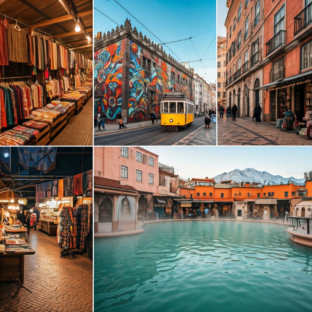 A vibrant collage showcasing 5 budget-friendly winter destinations: a bustling market in Chiang Mai, Thailand; a vibrant mural in Mexico City, Mexico; a colorful tram ride in Lisbon, Portugal; a bustling souk in Marrakech, Morocco; and a thermal bath in Budapest, Hungary.