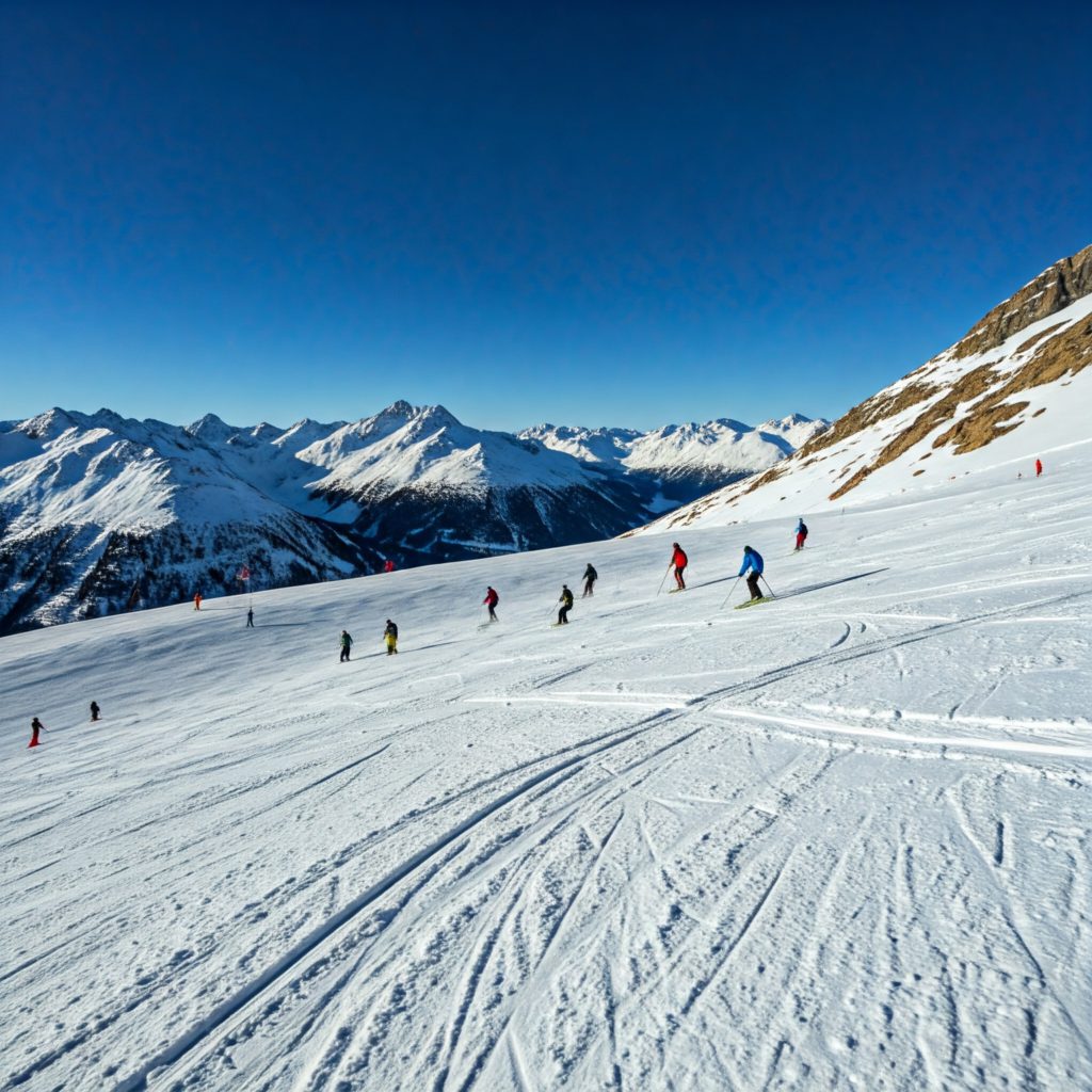 A group of skiers, clad in brightly colored jackets and helmets, carve graceful turns down a snowy mountain slope, creating a mesmerizing trail of fresh powder, under a clear, azure sky, against a majestic winter landscape.