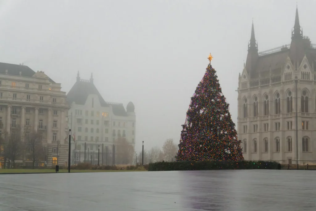 Christmas Tree in Foggy Budapest Cityscape, Budapest, Hungary